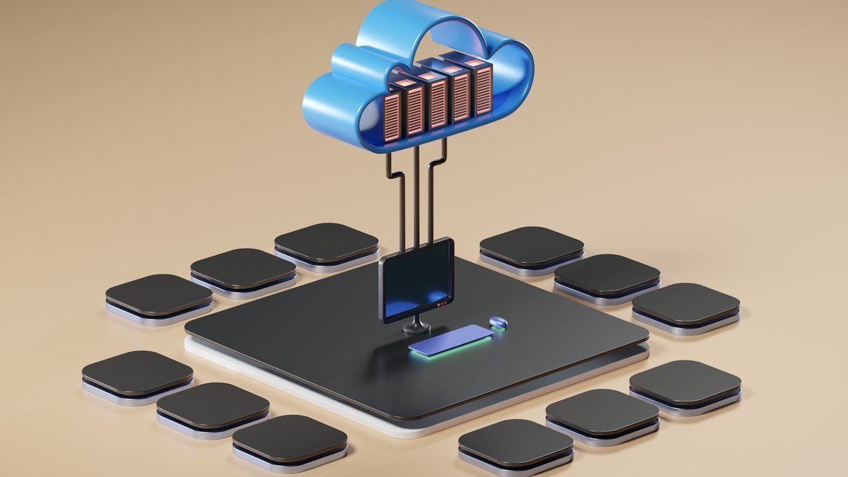 Illustration of a cloud platform connected to a grid of server tiles