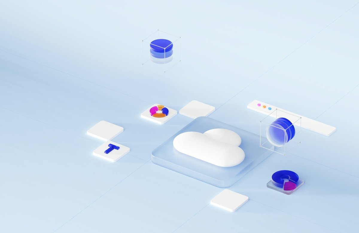 Isometric illustration of a cloud platform surrounded by data and reporting tiles