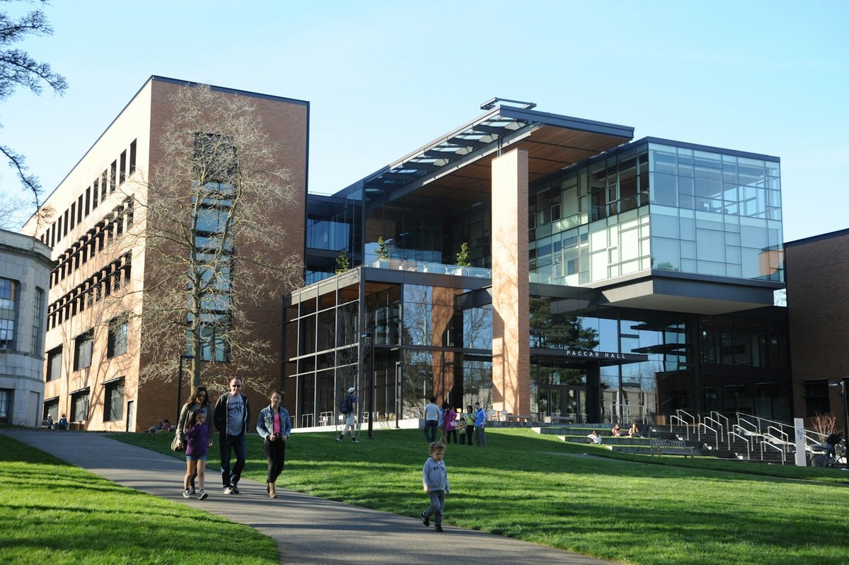 Students walking across a lawn outside a modern glass university building