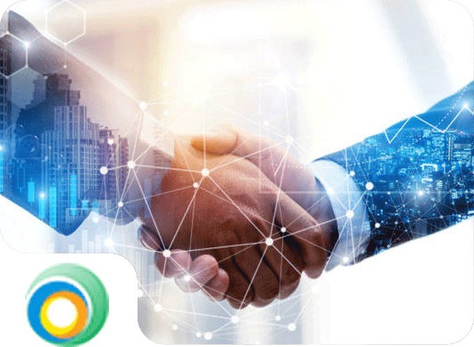 Two people shaking hands over a network of city connections