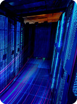 Server room aisle with glowing blue and purple data lines.