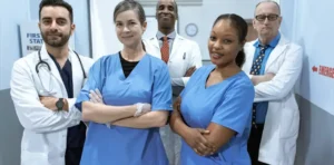 Diverse team of doctors and nurses in a hospital hallway.