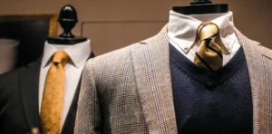Formal mens fashion displayed on mannequins.