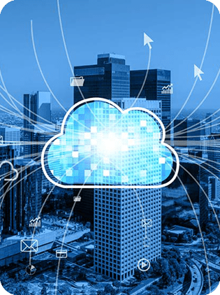 Cloud computing cityscape with data network connections.