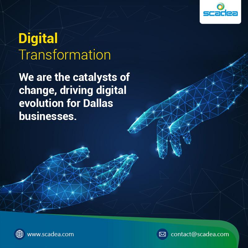 Scadea: Digital Transformation, two glowing network hands.