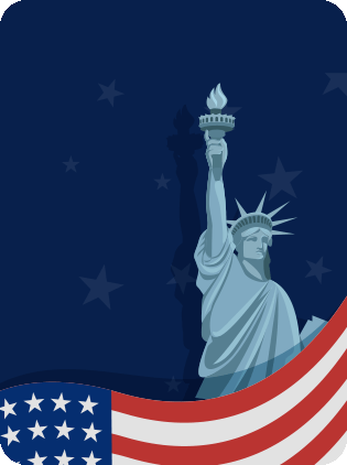 Statue of Liberty with American flag and stars background.