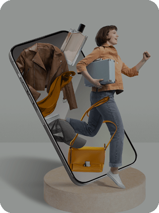 Online shopping: Woman and products emerging from smartphone.