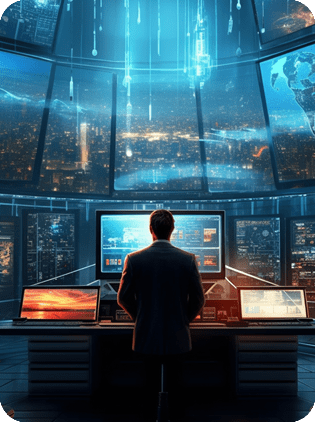 Man monitors data in futuristic control room with city views.