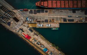 Overhead view of a Maersk Line container ship docked at port.
