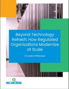 Scadea whitepaper cover: Technology Refresh, server room background.
