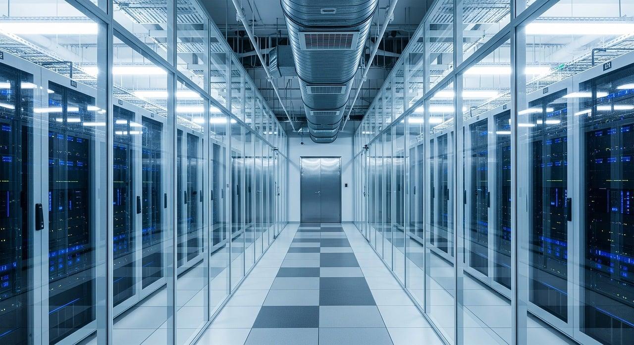 Modern data center hallway with rows of server racks.